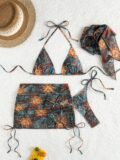 Sexy Abstract Sun Print Bikini Set 2025 Women Push Up Bra Mesh Skirt 4 Piece Swimsuit Summer Bathing Suit Holiday Swimwear