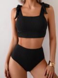 Sexy Black Bikini Set 2026 Women Tie Strap Ribbed Push Up Bra High Waist Swimsuit Summer Holiday Bathing Suit Two Piece Swimwear
