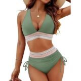 Sexy Deep V-Neck Bikini Swimsuit Set Women 2026 Summer Beach with Chest Cushion Swimwear High Waist Drawstring Triangle Bikini