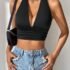 Women’s Tank Top Spring Summer Black Crisscross Halter Neck Cutout Mesh Knit Lace Trim Cropped Slim Sexy Casual Daily Top