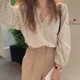 Spring Autumn 2026 Korean Sle Loose Long Sve Polka Dot Women’s irt Ele Maturi Design Lantern Sve Casual Top