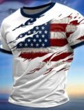 Summer Men’s Short Holiday T-shirt Trendy Breathable Top Outdoor Patriotic Soft Round Neck Polyester Top