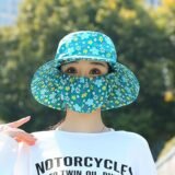 Summer Women Sun Hat UV Protection Wide Brim Floral Print Fisherman Hat for Outdoor Beach Riding Gardening Face Shading