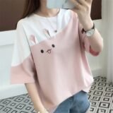 T-shirt color blocked Korean fashion women’s cute top pink girl summer Camisetas Ropa de Mujer Blusas 2024 T-shirt