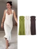 TFMLN 2026 New Sexy Sweetheart Neck Dress For Ladies Sleeveless Midi Dresses Fashion Female Vintage Solid Elegant Bodycon Dress