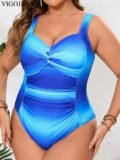 VigoJany 2026 Blue Gradient Plus Size Swimwear Women Strapped Push Up Large One Piece Swimsuit Summer Beach Chubby Bathing Suit