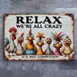 Vintage Farmhouse Metal Sign – Colorful Cartoon Chickens, Weatherproof Iron Wall Decor, , Perfect for Home, Bar, Cafe, Office