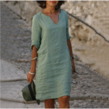 Vintage Women Solid Mini Dress Summer Fashion V-neck Three Quater Sleeve Cotton Linen Dress Ladies Casual Holiday Vestidos