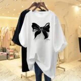 White Cotton Loose Round Neck Bow Short Sleeve T-shirt Women’s Mid Length 2023 Summer New European Oversized Fashion Tops