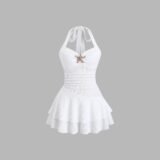 White Halter Neck Mini Dress Women’s Ruffled Starfish Embellished Summer Casual Evening Gown