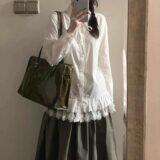 White Lace Patchwork Shirt Women Spring Chic Sweet Long Sleeve Tops Korean Fashion Preppy Style Loose Turn Down Collar Blouse