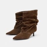 Winter New Women’s Boots Pleated Womens Ankle Boots Retro Brown Party Shoes Elegant High Heels Pointed Toe Suede Shoes for Women
