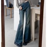 Woman High Waist Vintage Casual Flare Jeans Girls Elastic Slim Fit Bell Bottom Pants Lady Fashion Blue Black Grey Denim Trousers