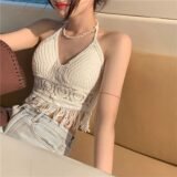 Women Beach Crop Tops Hollow Out Cover-ups Perspective Tassel Strap Vest Bra