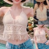 Women Crochet Halter Top Summer Beach Knit Crop Tank Fringe Boho Lace Up Backless Cami Blouse Festival Vacation Wear
