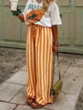 Women Loose Striped Drawstring Pants Wide Leg Trousers with Pockets Easy Summer Casual Home Wear