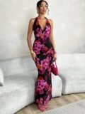 Women New Dresses Summer Streetwear Fashion Halter Casual Slim Dress Red Sexy Print Sleeveless Lady Elegant Mesh Dress Clothing