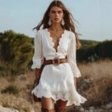 Women’s Boho Lace Dress Deep V Neck Flare Sleeve Ruffle Hem Mini Dress Vintage Country Concert Festival Beach Party Dresses