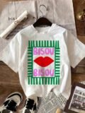 Women’s Casual Short-Sleeve T-Shirt Summer Top BISOU BISOU Bold Lip Print and Striped Pattern Everyday Wear Striped Design