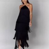 Women’s Halter Neck Fringe Backless Slit Dress Birthday Dress Evening Party Date Night Elegant Sexy Long Dress Evening Gown