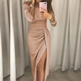 Women’s High Waist Bodycon Dress, Vintage Bling Sexy Dresses, Off Shoulder, Bright Silk, Shiny Party Dress, Lady Split, Autumn,