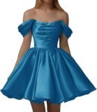 Women’s Off Shoulder Satin Homecoming Dresses A Line Short Pleated Strapless Prom Dresses Evening Dresses Graduation Dress