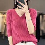 Women’s Sweater Spring Summer Short Sleeve V-neck Knit Shirt Casual Korean Pullovers Stripe Bottoming Shirt Slim Fit Jumpers