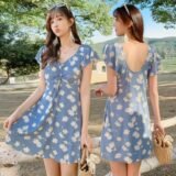 Women’s Swimdress Light Blue Daisy Print V Neck Drawstring Ruffled Sleeve Backless Flared Skirt Beach Bathing Suit Swimwear