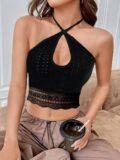 Women’s Tank Top Spring Summer Black Crisscross Halter Neck Cutout Mesh Knit Lace Trim Cropped Slim Sexy Casual Daily Top