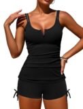 Women’s V-Wire Tankini Swimsuits Tummy Control Ruched Top Two Piece Bathing Suits with High Waisted Shorts