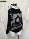 Y2k Fake Two Pieces Vintage Tops Streetwear Slash Neck Skull Print Off Shoulder Gothic Punk Tshirts Women Grunge ​Harajuku Tees