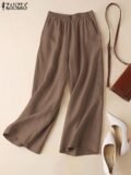ZANZEA-Summer Women Pants Cotton Linen Elastic Waist Wide-Leg Trousers Casual Lightweight Solid Palazzo Pantalones Woman Bottoms